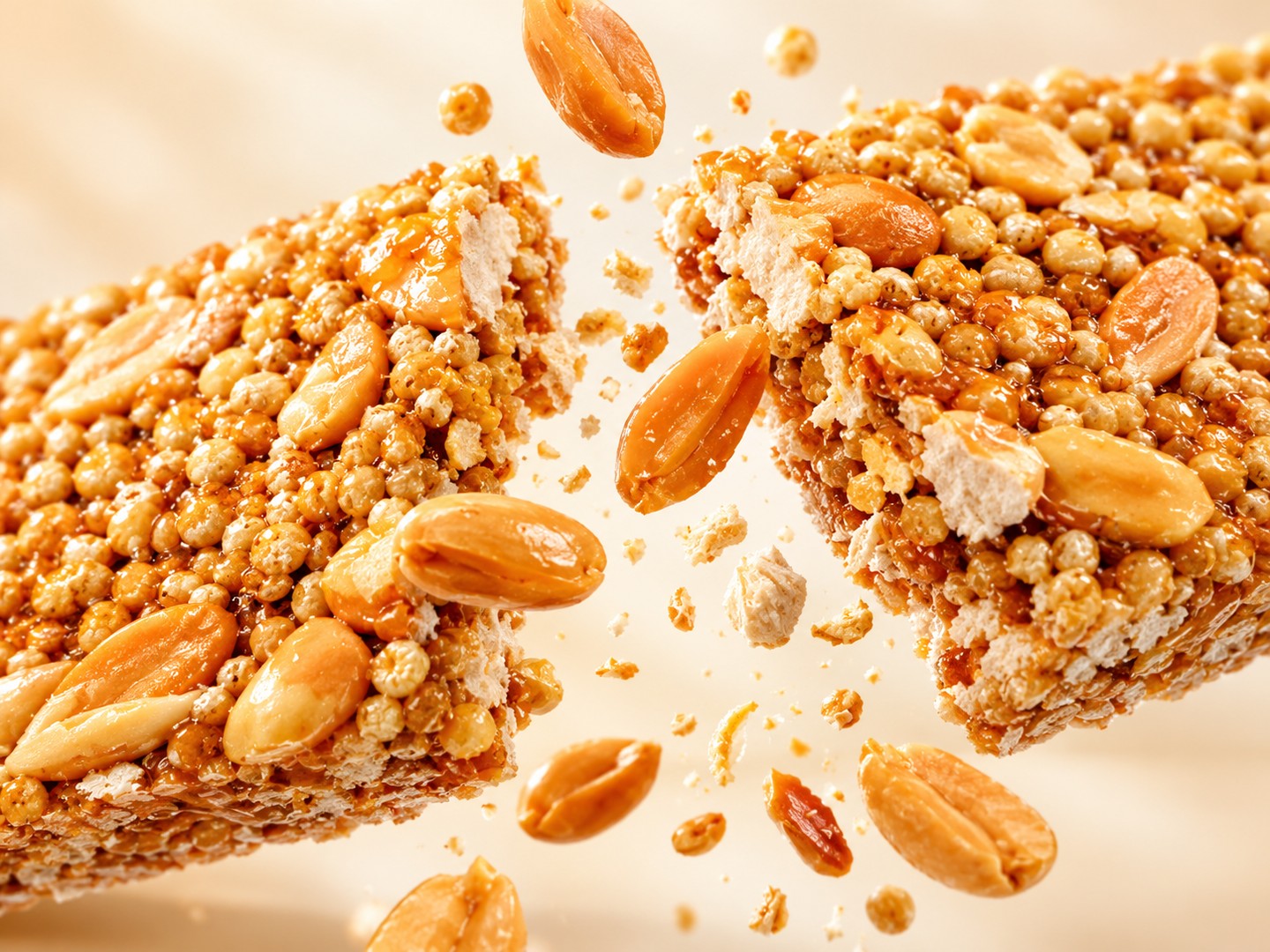 A crunchy puffed millet and groundnut bar breaking in half